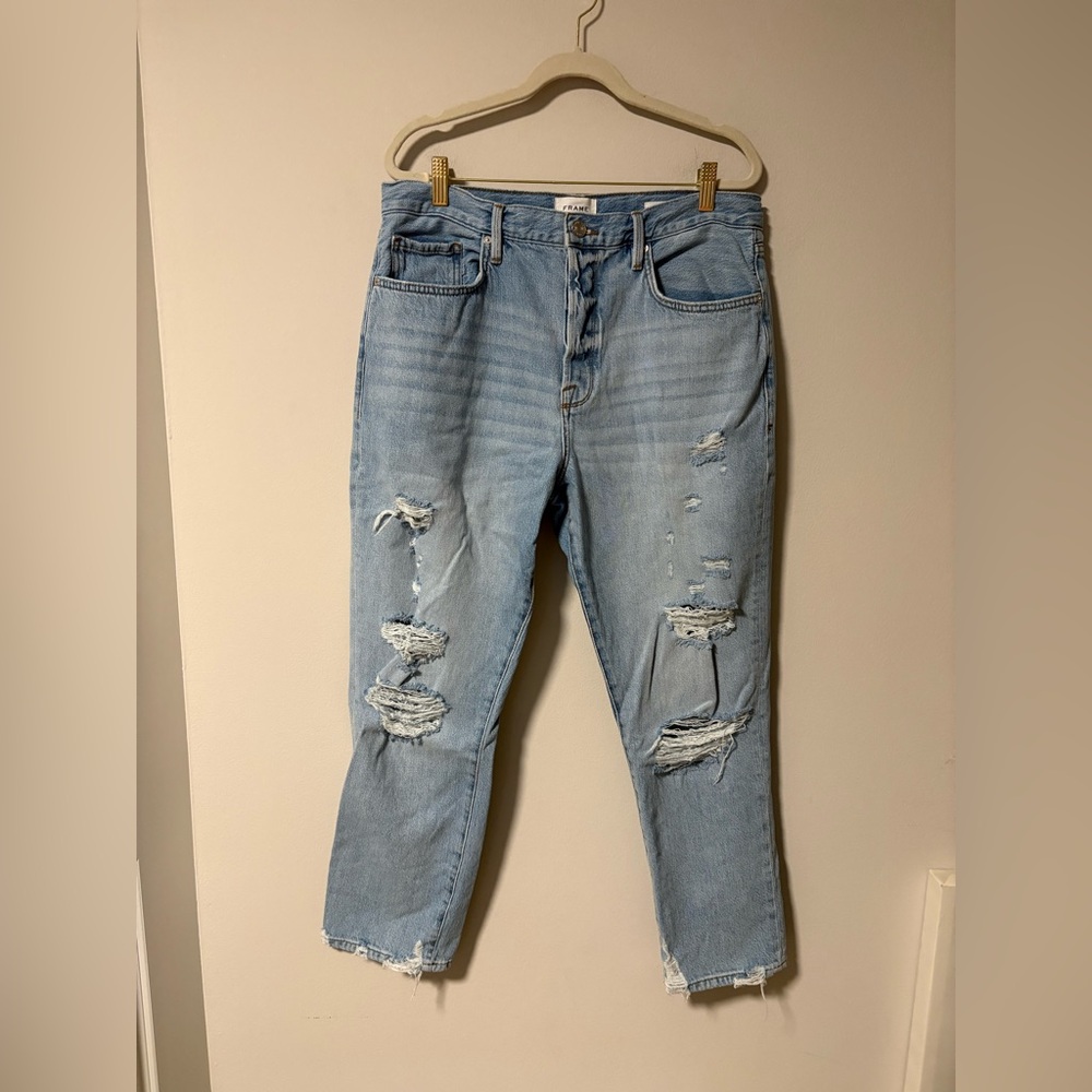Frame Denim Light Blue Distressed Le Original High Rise Straight Jeans 32